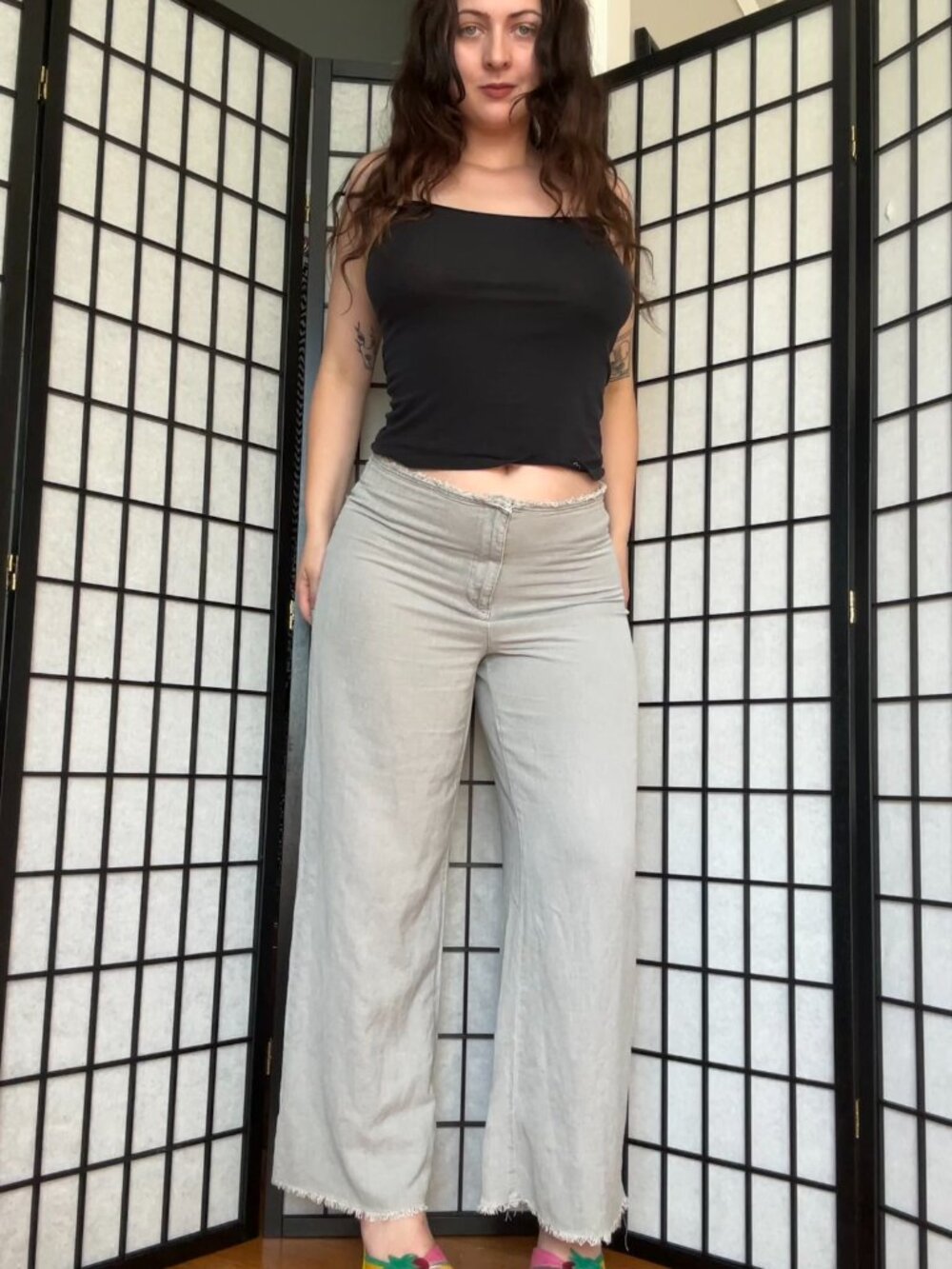 Wide Leg Linen Pants (M) medium grey womens raw hem high waisted boho office